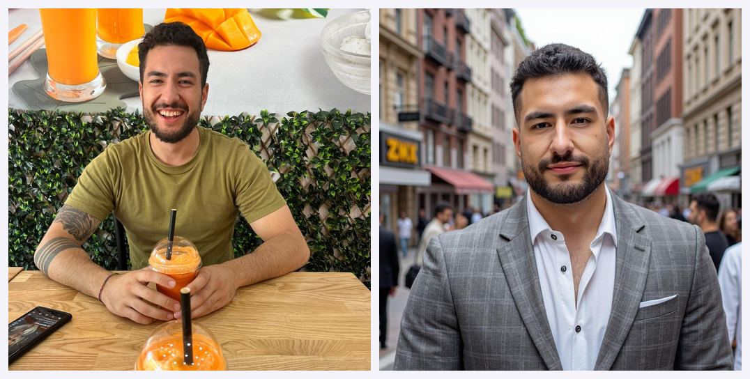 Casual source photo versus generated professional headshot