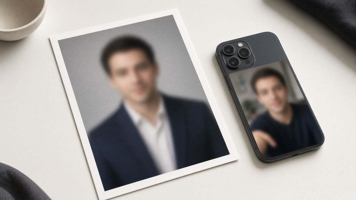 Print-ready headshot versus a phone selfie on a desk