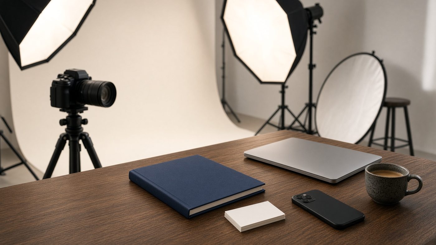 A traditional photo studio versus the phone-and-laptop workflow