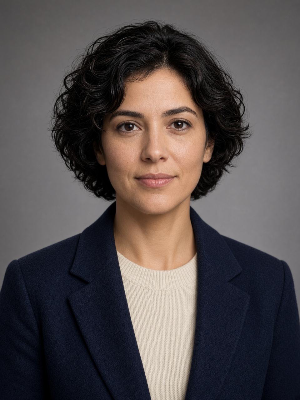 Professional studio headshot of a woman in a navy blazer