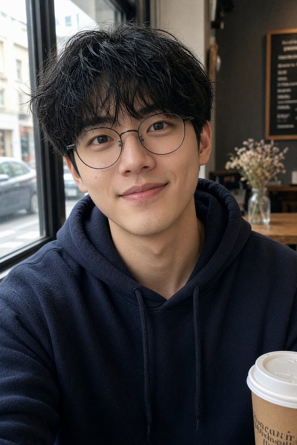 Cafe selfie in a hoodie and glasses
